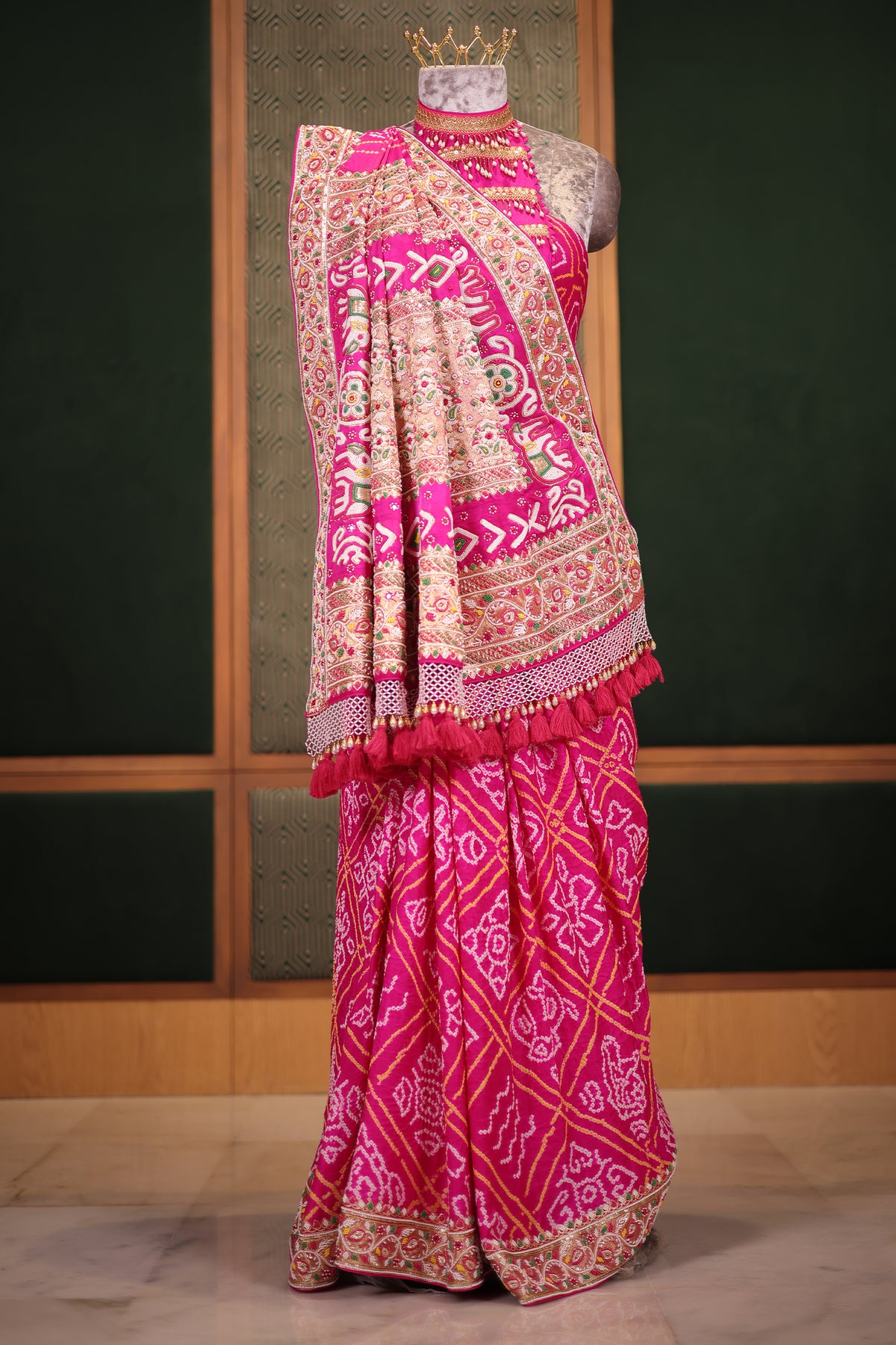 Hot Pink Georgette Bandhani Saree Featuring Beads Zardosi Border with Tassel Detailing