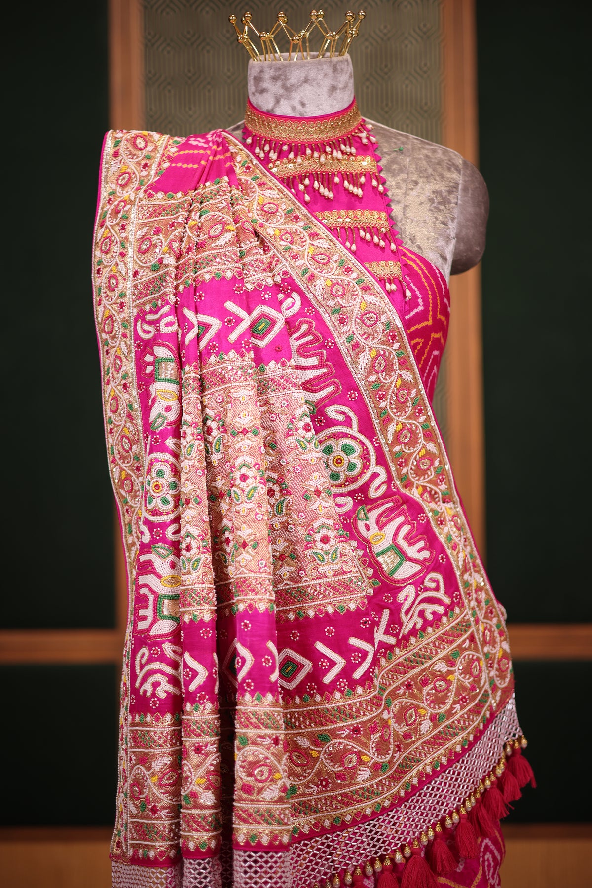 Hot Pink Georgette Bandhani Saree Featuring Beads Zardosi Border with Tassel Detailing