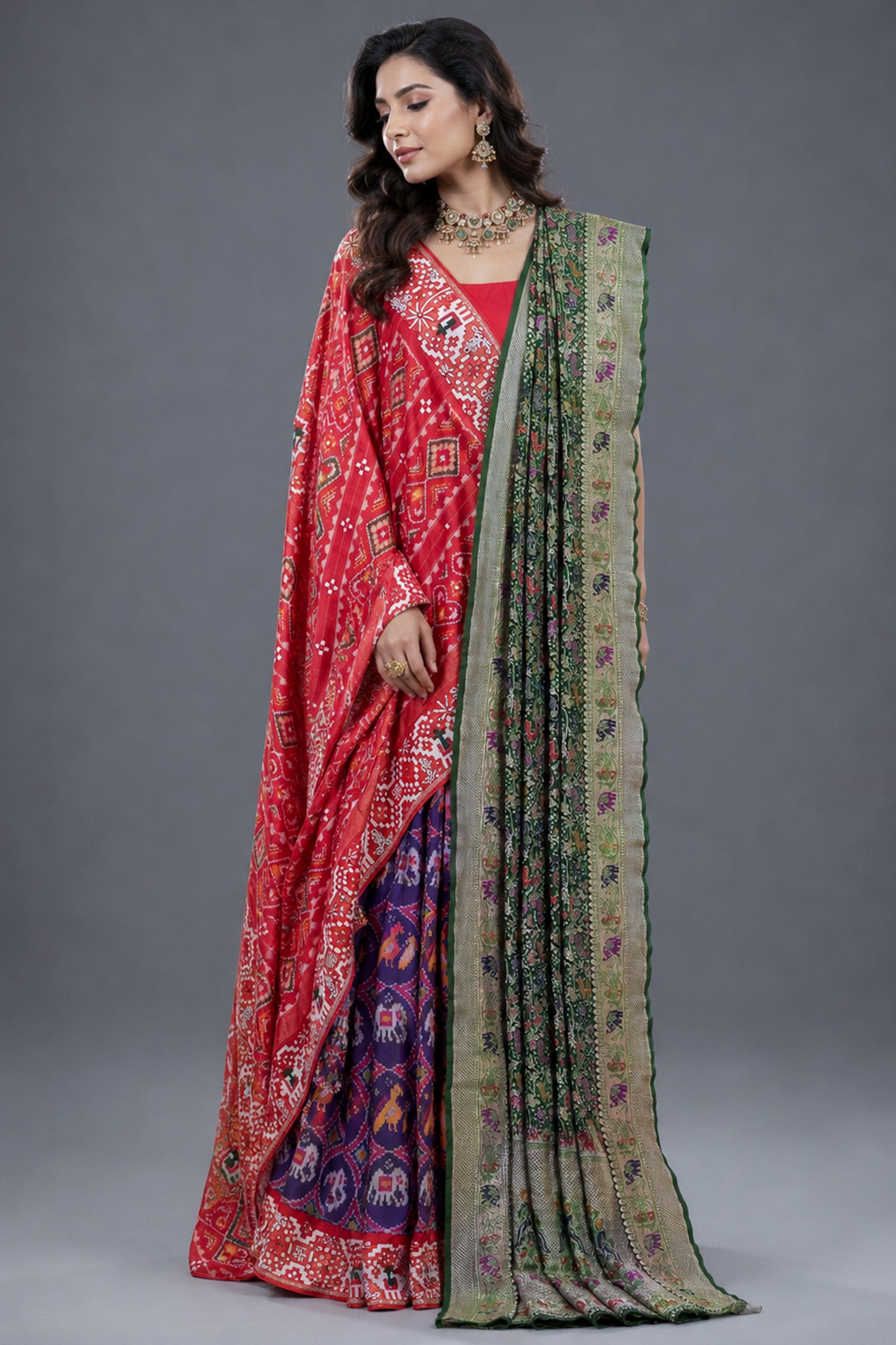 Purple and Red Silk Patola Saree with Traditional Ikat Motifs and Beads Applique Border Main image