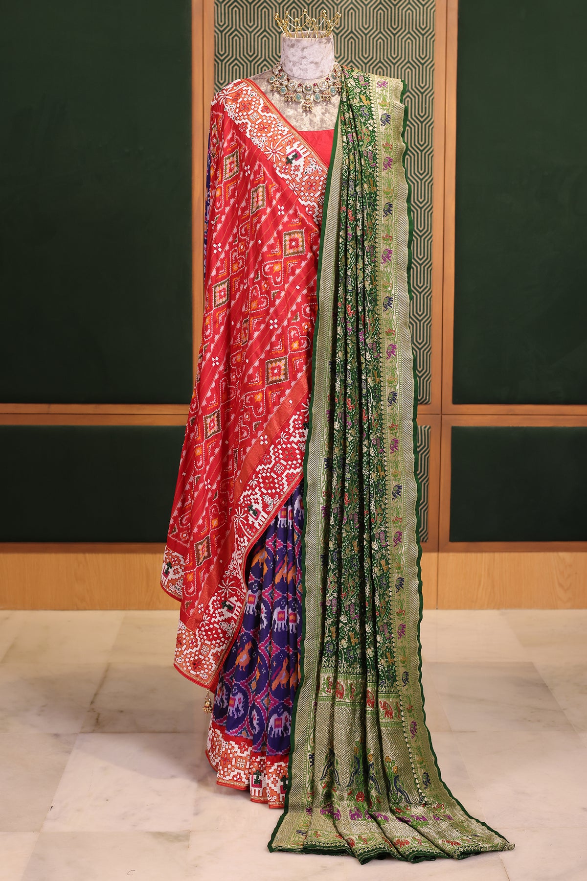 Purple and Red Silk Patola Saree with Traditional Ikat Motifs and Beads Applique Border
