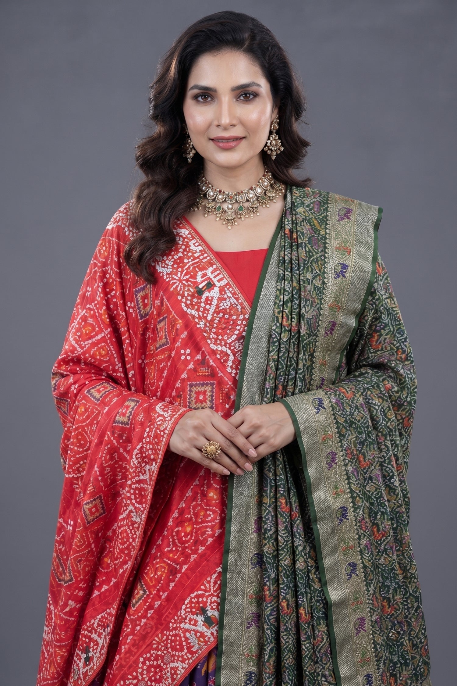 Purple and Red Silk Patola Saree with Traditional Ikat Motifs and Beads Applique Border Secondary image