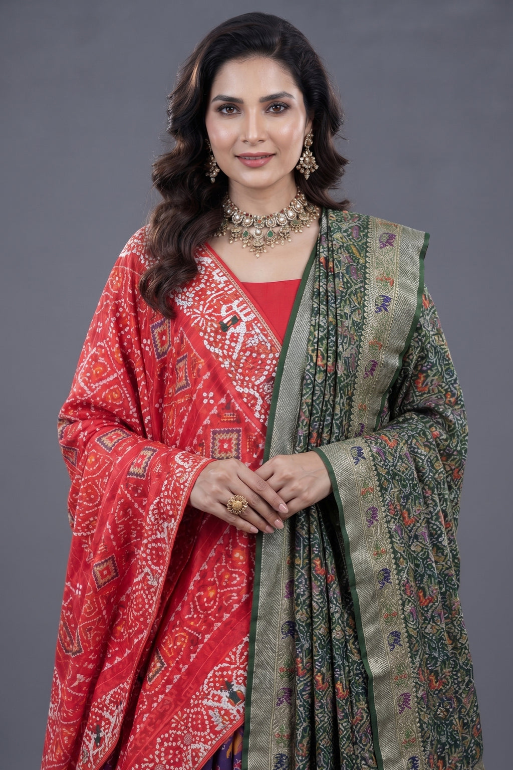 Purple and Red Silk Patola Saree with Traditional Ikat Motifs and Beads Applique Border