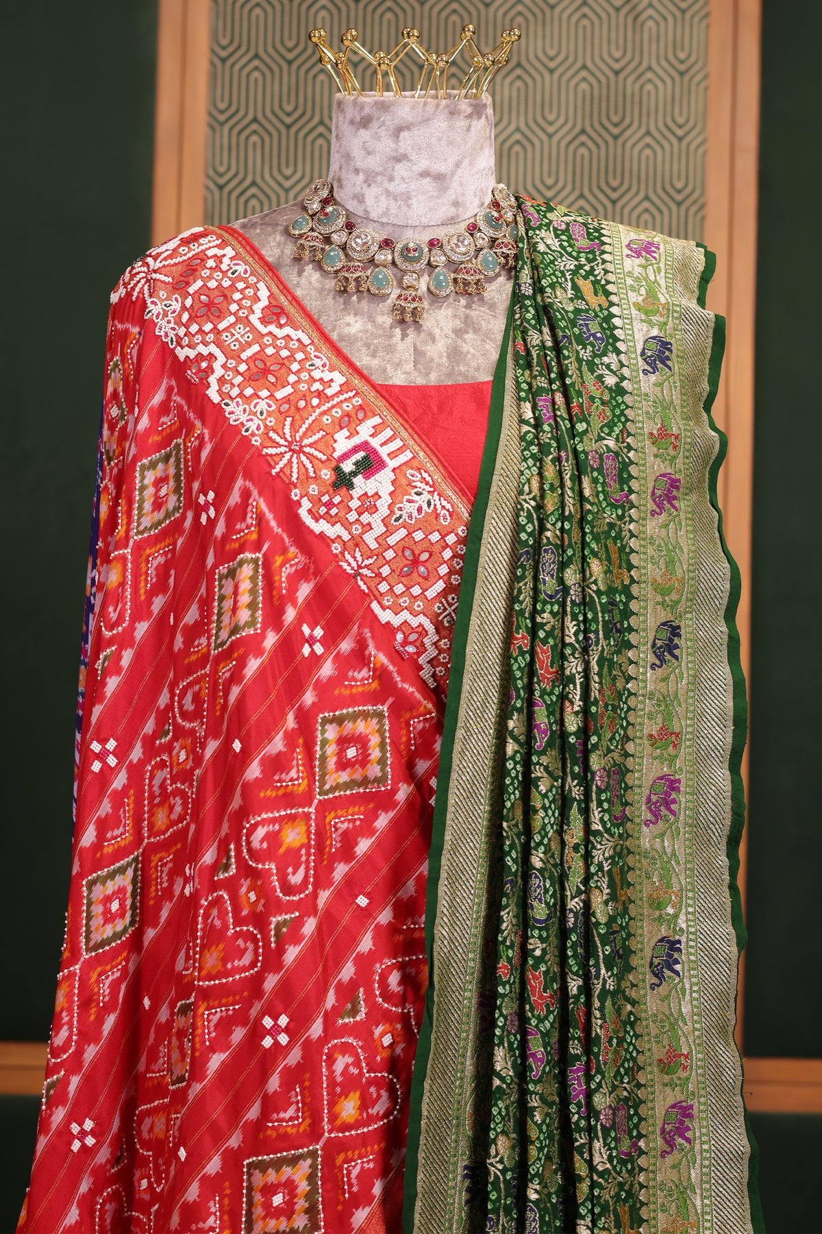 Purple and Red Silk Patola Saree with Traditional Ikat Motifs and Beads Applique Border