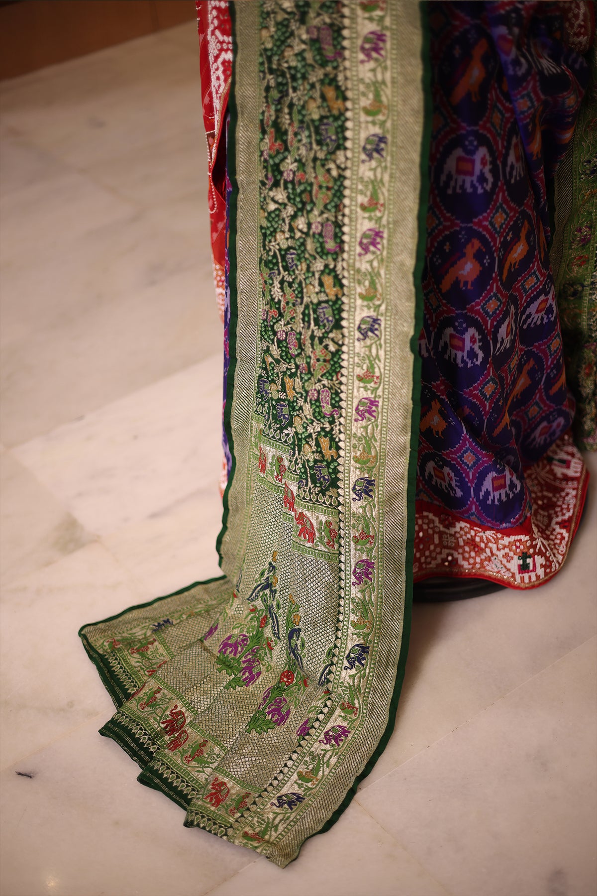 Purple and Red Silk Patola Saree with Traditional Ikat Motifs and Beads Applique Border