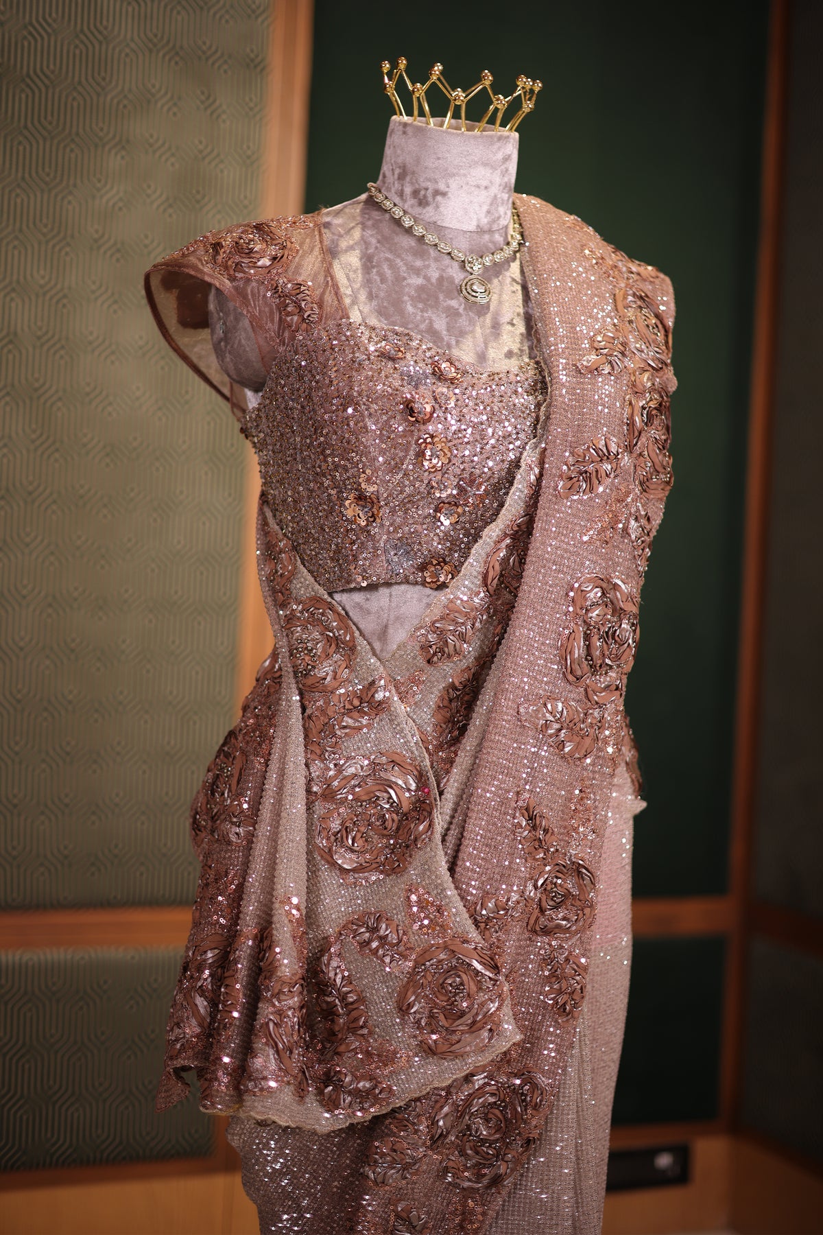 Rosewood Brown Net Shimmer Saree with 3D Floral Motif Border and Stitched Blouse