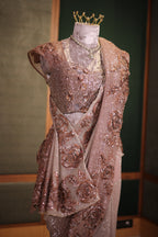 Rosewood Brown Net Shimmer Saree with 3D Floral Motif Border and Stitched Blouse