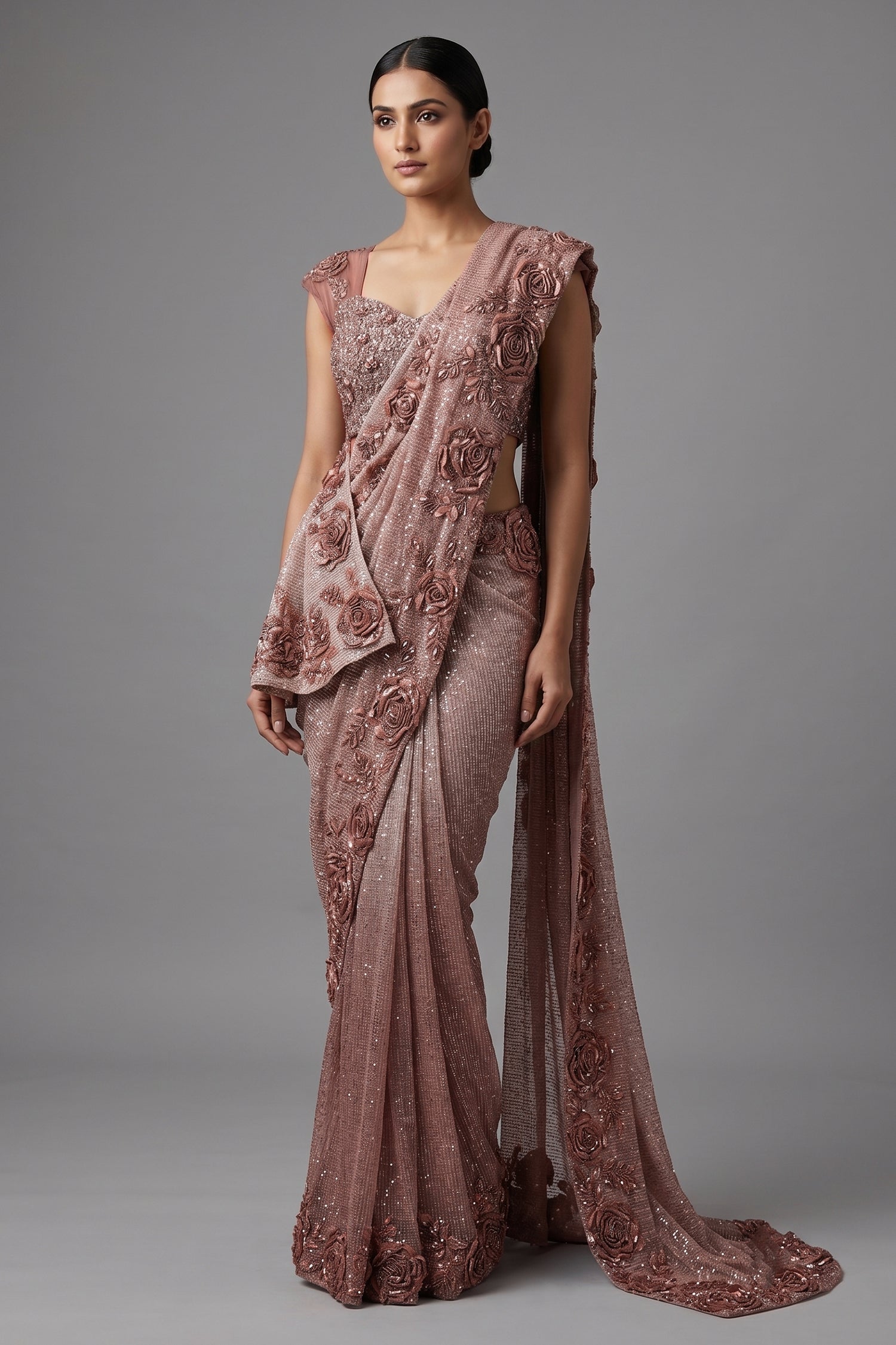 Rosewood Brown Net Shimmer Saree with 3D Floral Motif Border and Stitched Blouse Main image