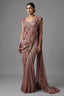 Rosewood Brown Net Shimmer Saree with 3D Floral Motif Border and Stitched Blouse