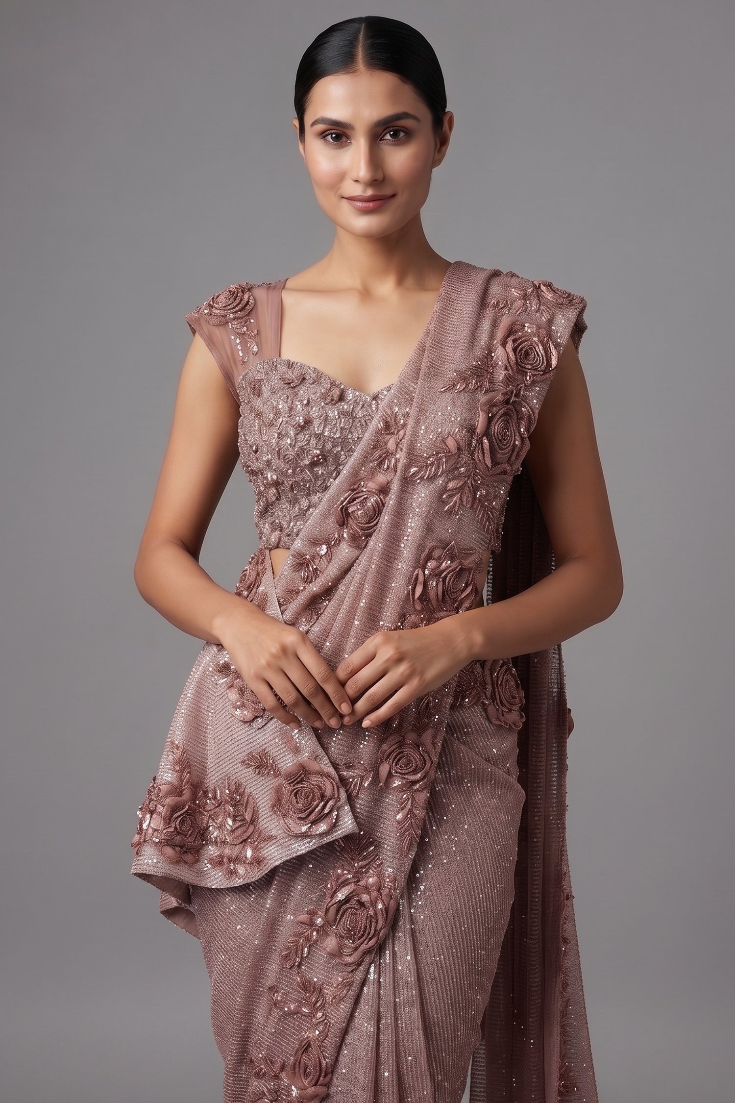 Rosewood Brown Net Shimmer Saree with 3D Floral Motif Border and Stitched Blouse Secondary image