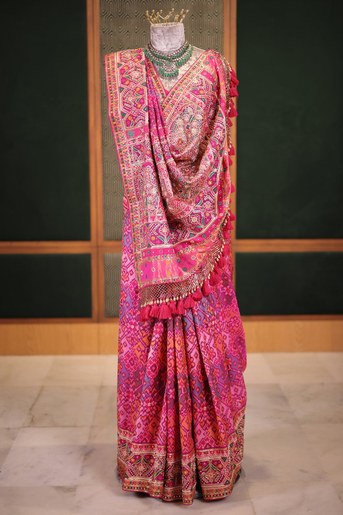 Fuchsia Pink Pure Silk Patola Weave Saree with Ornate Beadwork and Tassel Detailing
