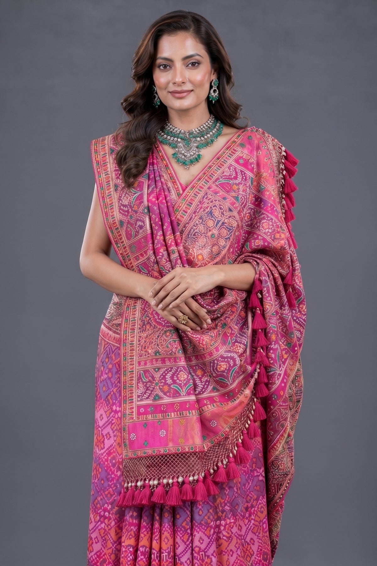 Fuchsia Pink Pure Silk Patola Weave Saree with Ornate Beadwork and Tassel Detailing