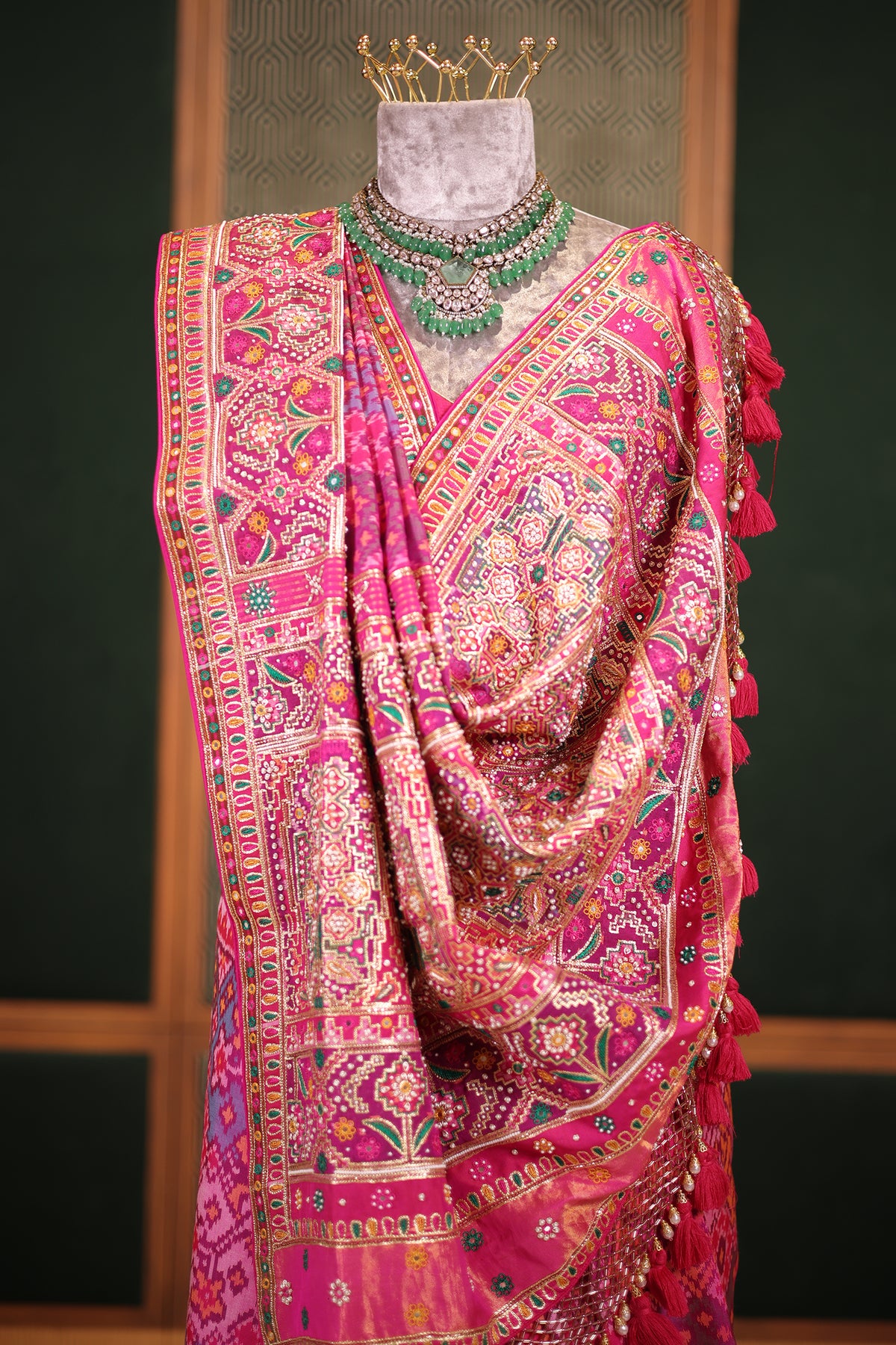 Fuchsia Pink Pure Silk Patola Weave Saree with Ornate Beadwork and Tassel Detailing