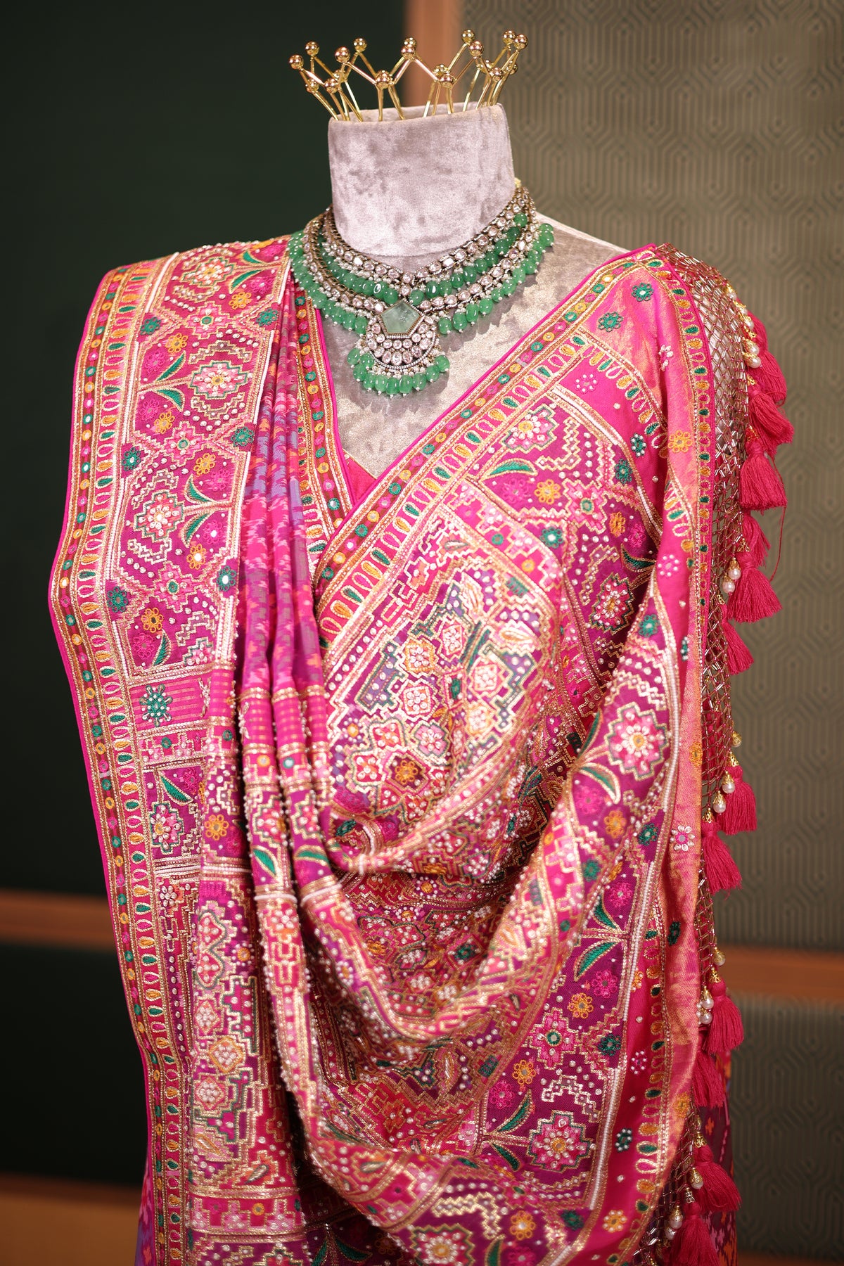 Fuchsia Pink Pure Silk Patola Weave Saree with Ornate Beadwork and Tassel Detailing