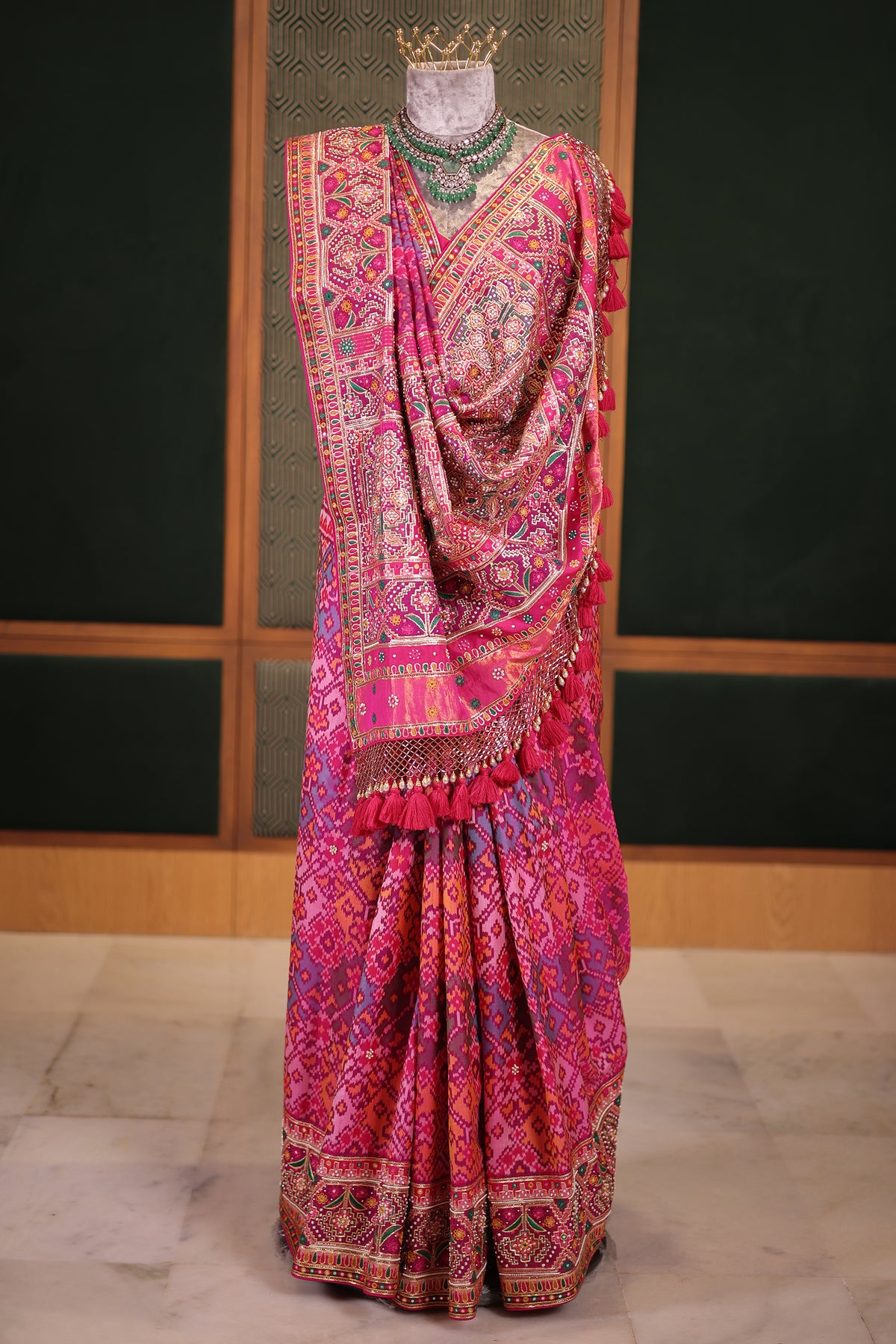 Fuchsia Pink Pure Silk Patola Weave Saree with Ornate Beadwork and Tassel Detailing