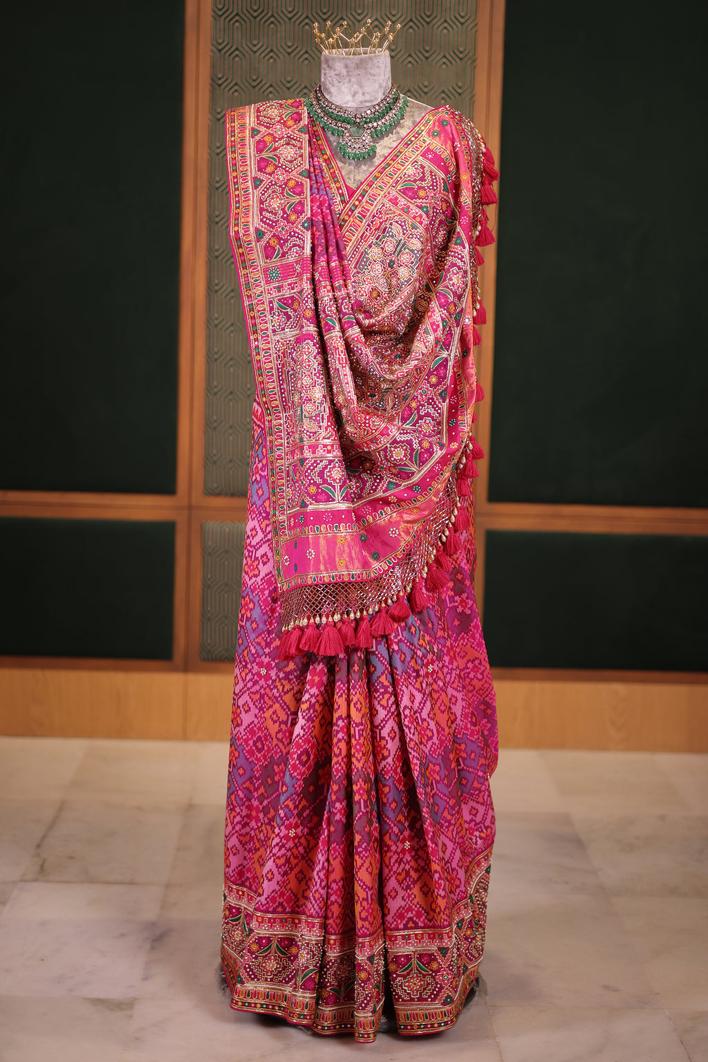 Fuchsia Pink Pure Silk Patola Weave Saree with Ornate Beadwork and Tassel Detailing