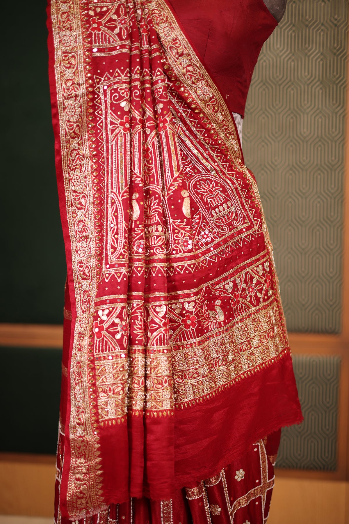 Deep Maroon Gaji Silk Gharchola Saree with Handcrafted Gota Embroidery and Sequin Beadwork