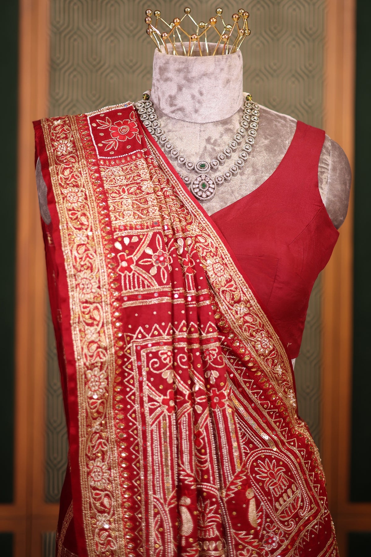 Deep Maroon Gaji Silk Gharchola Saree with Handcrafted Gota Embroidery and Sequin Beadwork
