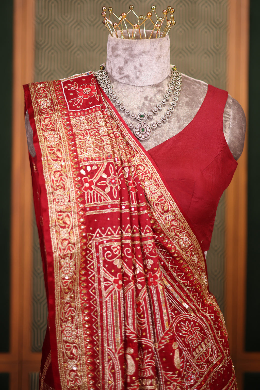 Deep Maroon Gaji Silk Gharchola Saree with Handcrafted Gota Embroidery and Sequin Beadwork