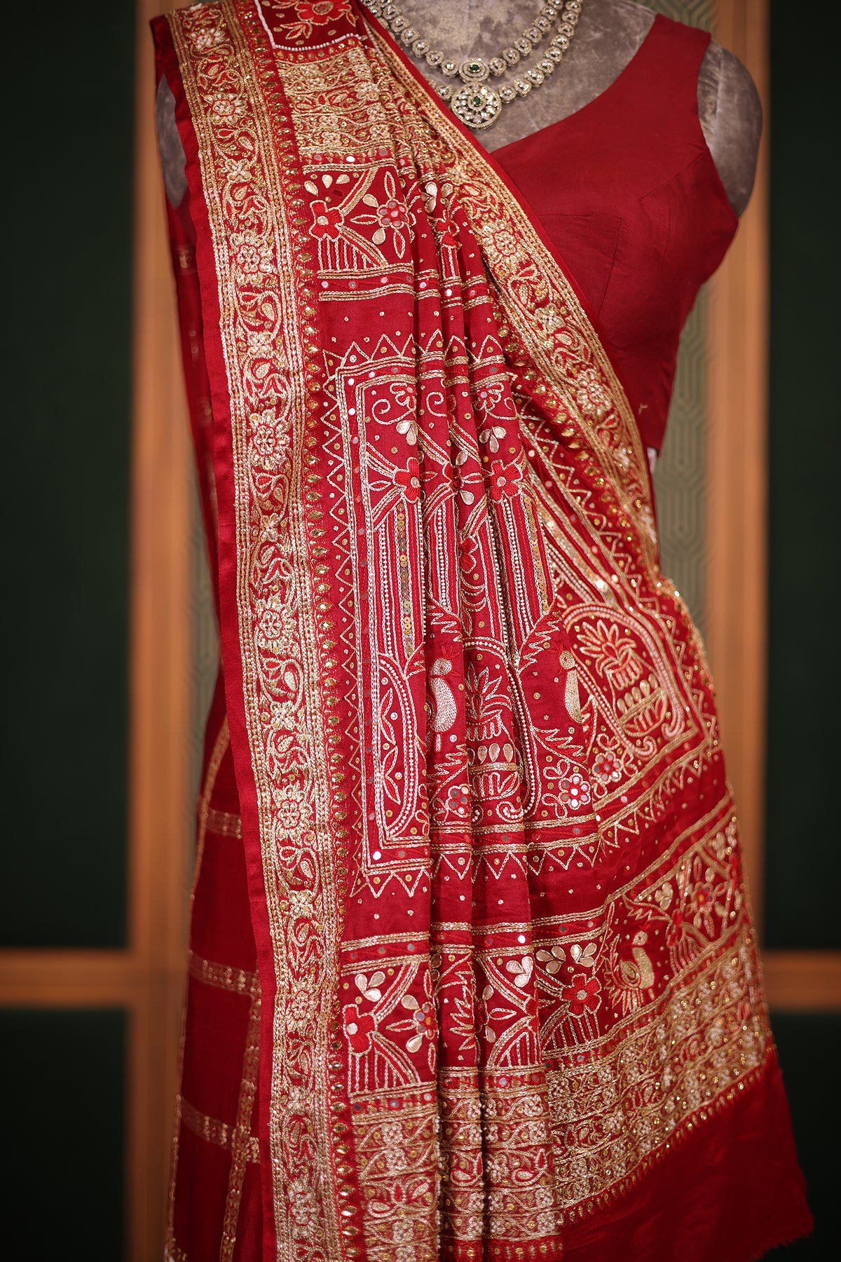 Deep Maroon Gaji Silk Gharchola Saree with Handcrafted Gota Embroidery and Sequin Beadwork