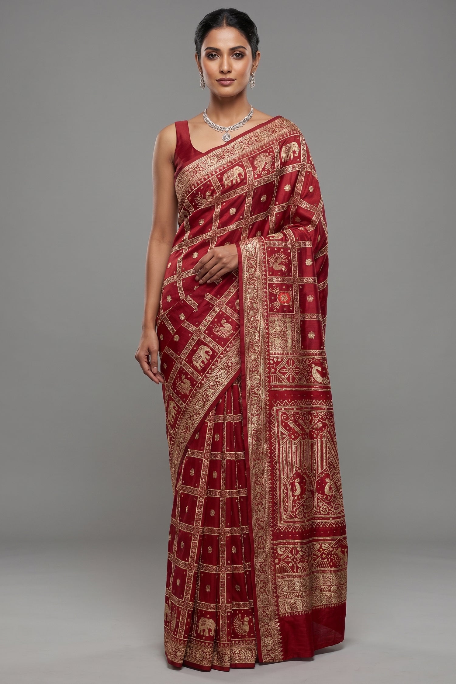 Deep Maroon Gaji Silk Gharchola Saree with Handcrafted Gota Embroidery and Sequin Beadwork Main image
