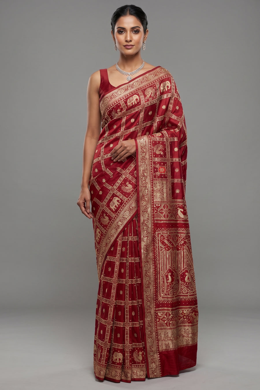 Deep Maroon Gaji Silk Gharchola Saree with Handcrafted Gota Embroidery and Sequin Beadwork