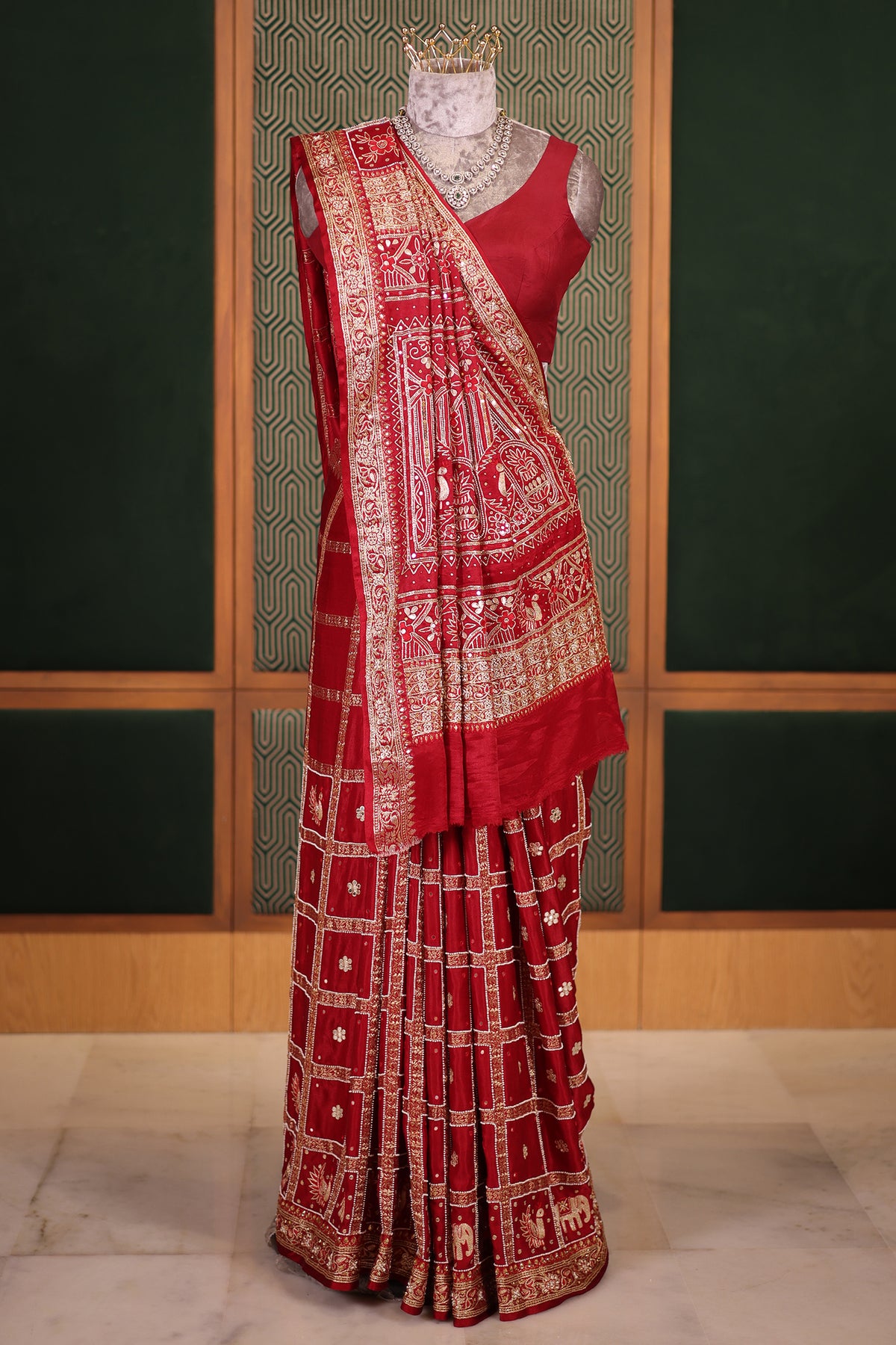 Deep Maroon Gaji Silk Gharchola Saree with Handcrafted Gota Embroidery and Sequin Beadwork