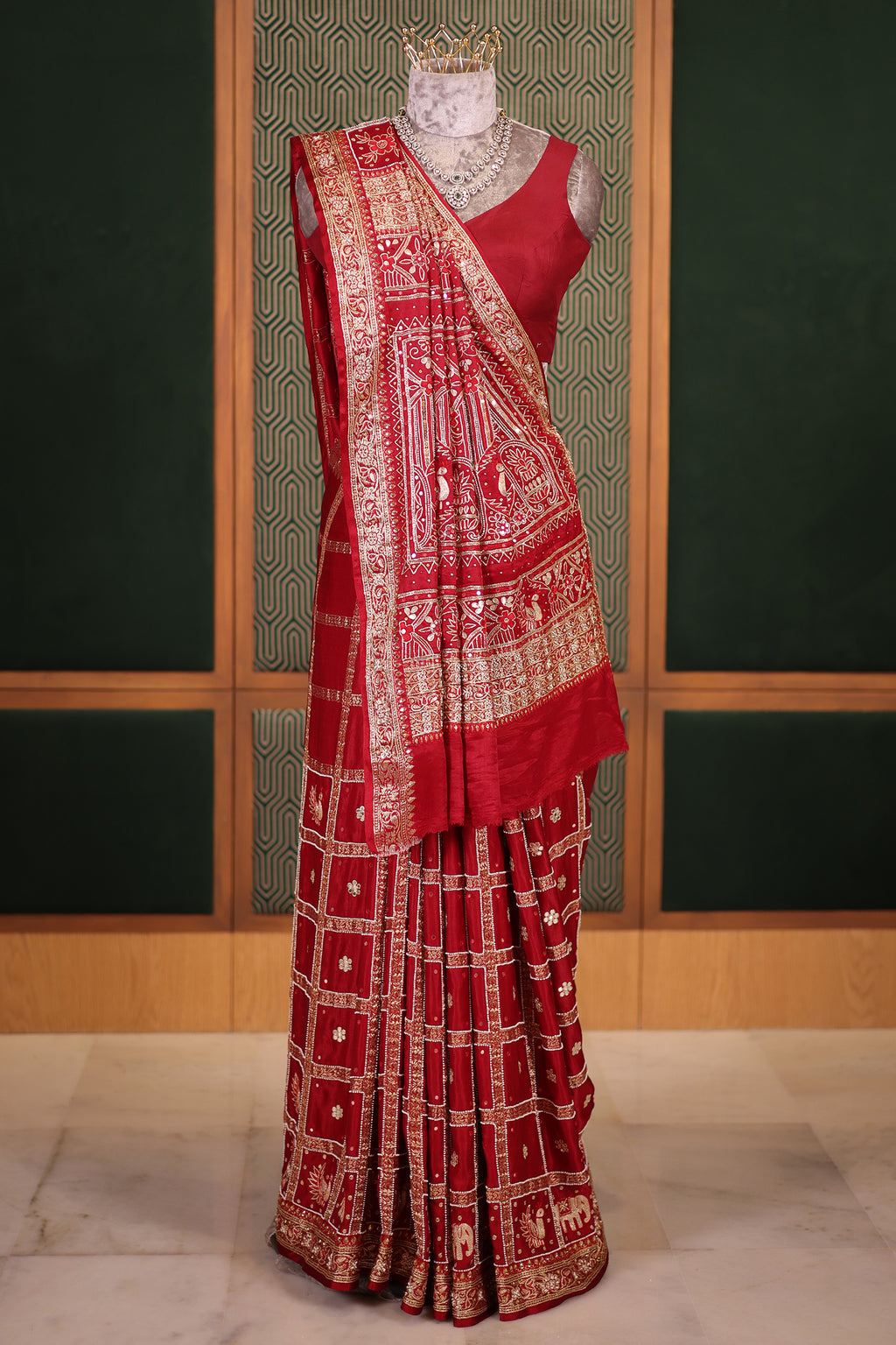 Deep Maroon Gaji Silk Gharchola Saree with Handcrafted Gota Embroidery and Sequin Beadwork