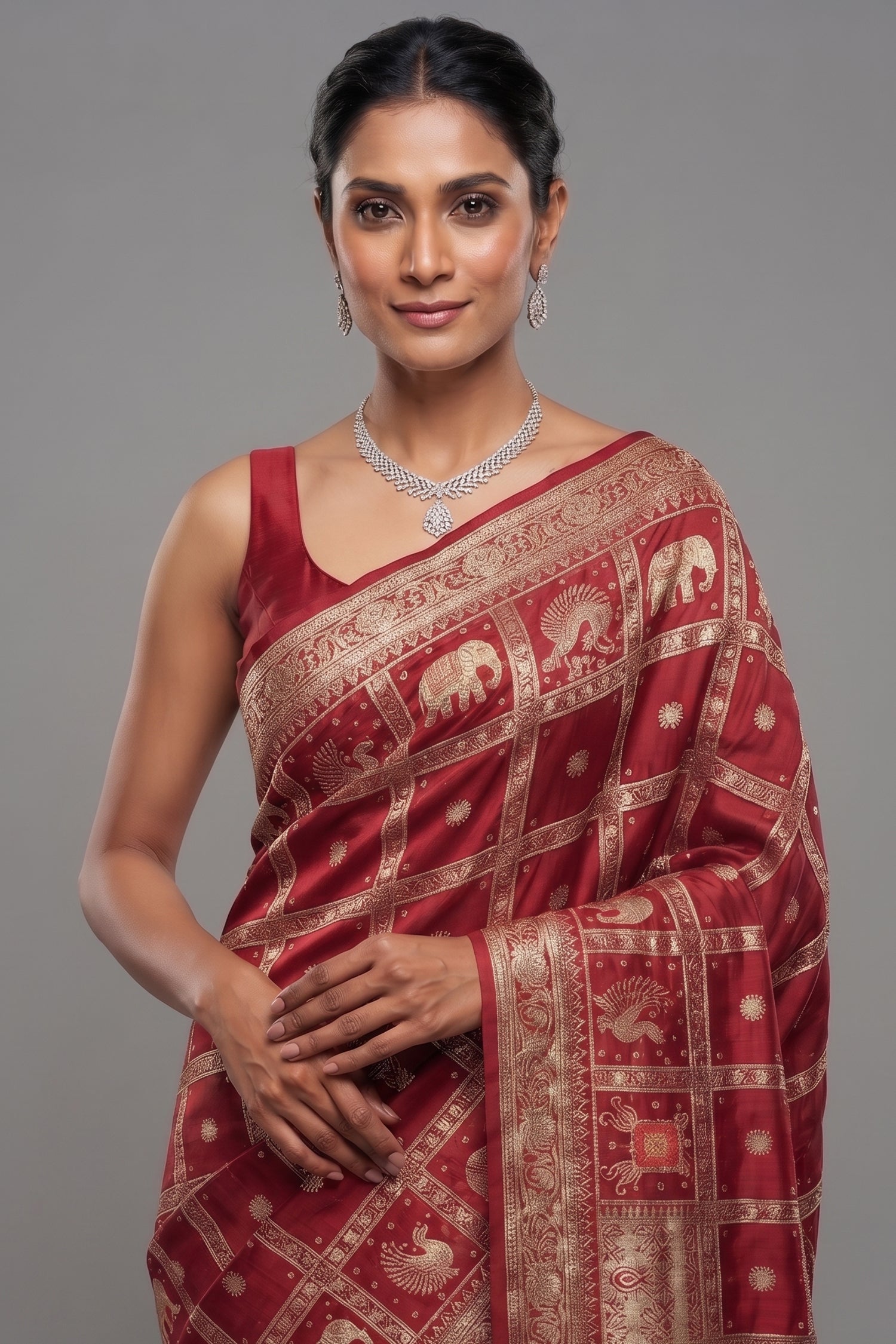 Deep Maroon Gaji Silk Gharchola Saree with Handcrafted Gota Embroidery and Sequin Beadwork Secondary image