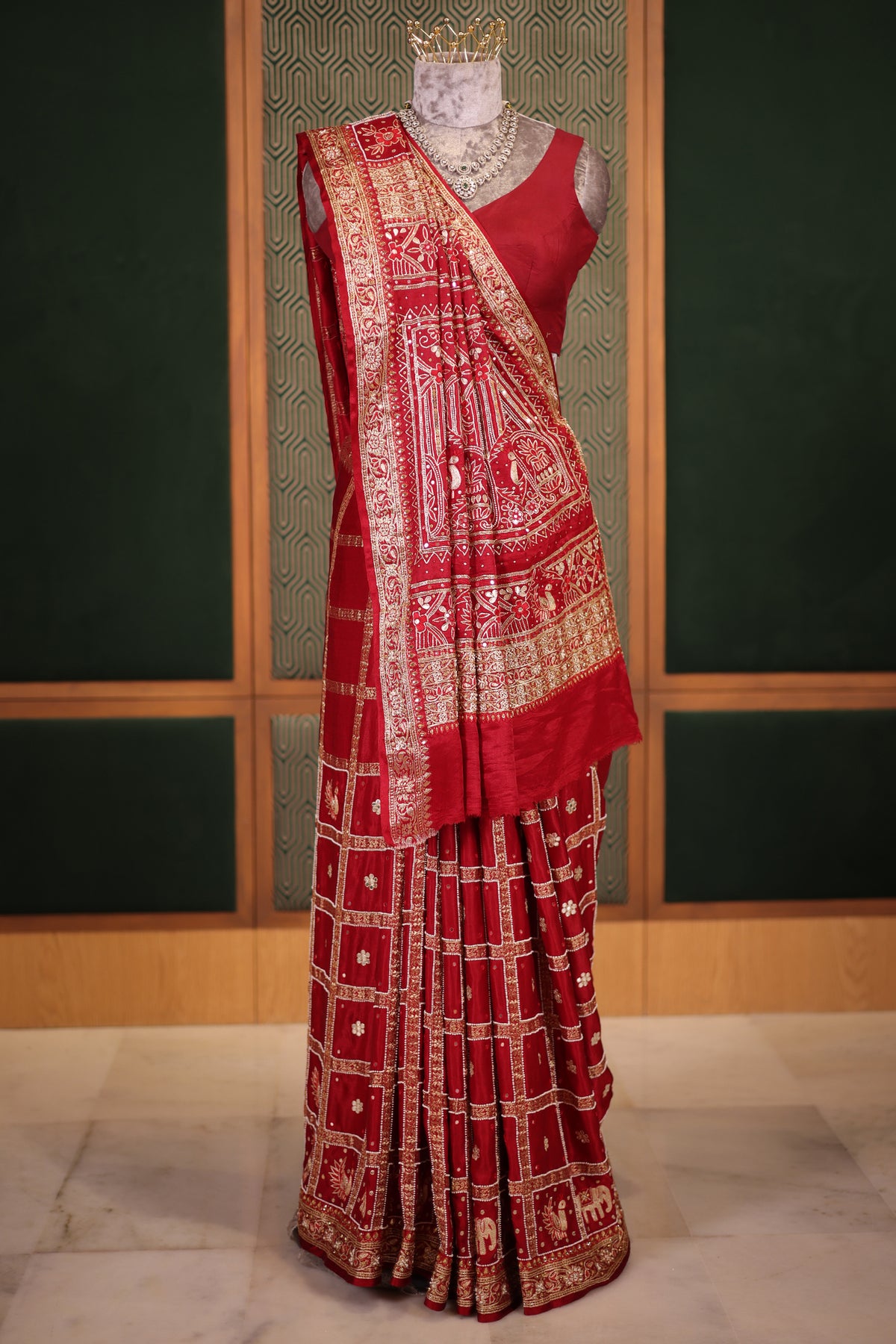 Deep Maroon Gaji Silk Gharchola Saree with Handcrafted Gota Embroidery and Sequin Beadwork