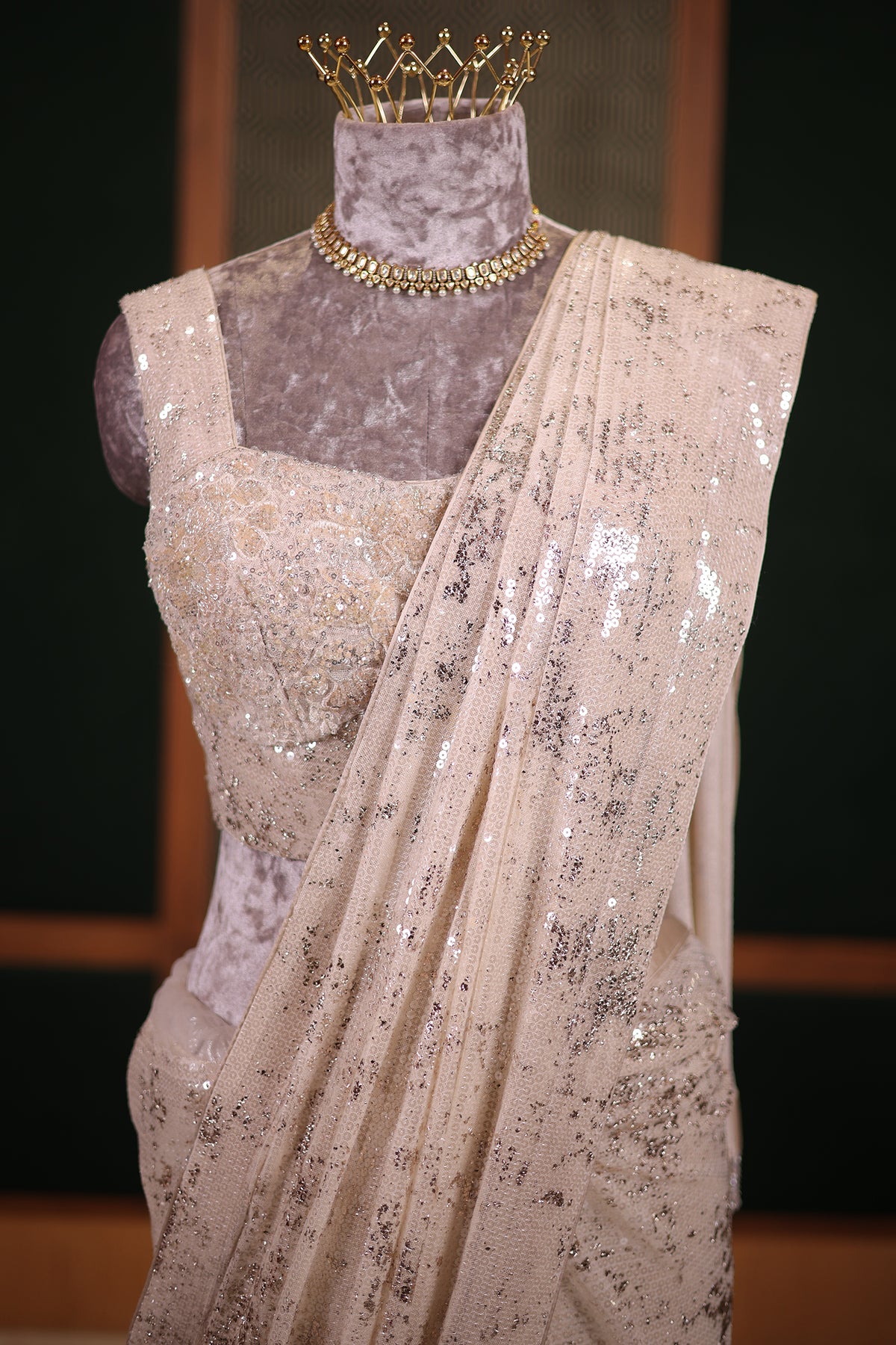 Pearl White Net Lycra Cocktail Saree with Glamorous Handcrafted Sequin Embellishments Readymade Blouse