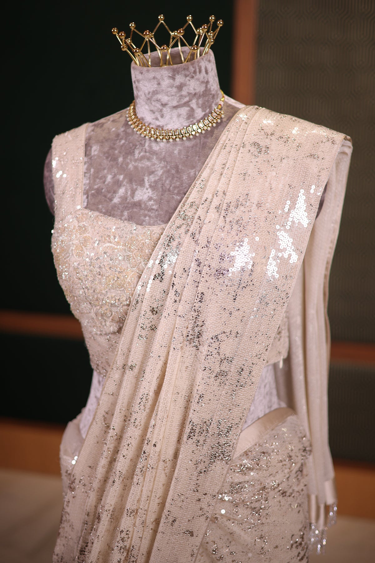 Pearl White Net Lycra Cocktail Saree with Glamorous Handcrafted Sequin Embellishments Readymade Blouse