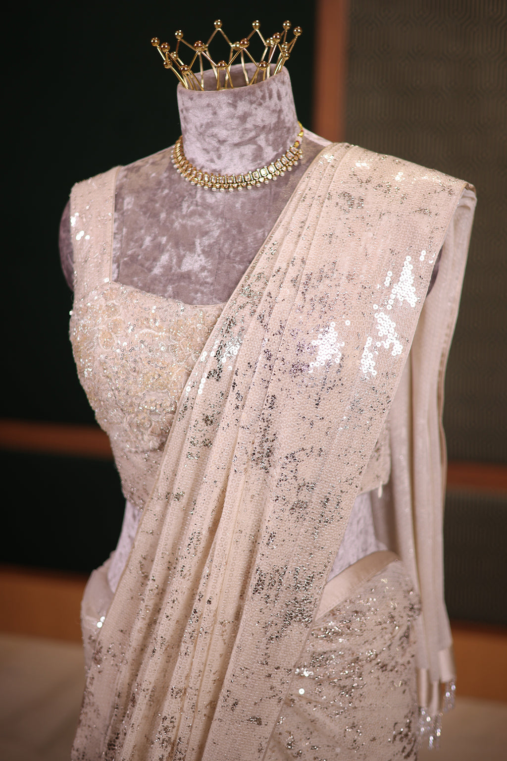 Pearl White Net Lycra Cocktail Saree with Glamorous Handcrafted Sequin Embellishments Readymade Blouse