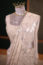 Pearl White Net Lycra Cocktail Saree with Glamorous Handcrafted Sequin Embellishments Readymade Blouse
