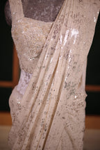 Pearl White Net Lycra Cocktail Saree with Glamorous Handcrafted Sequin Embellishments Readymade Blouse