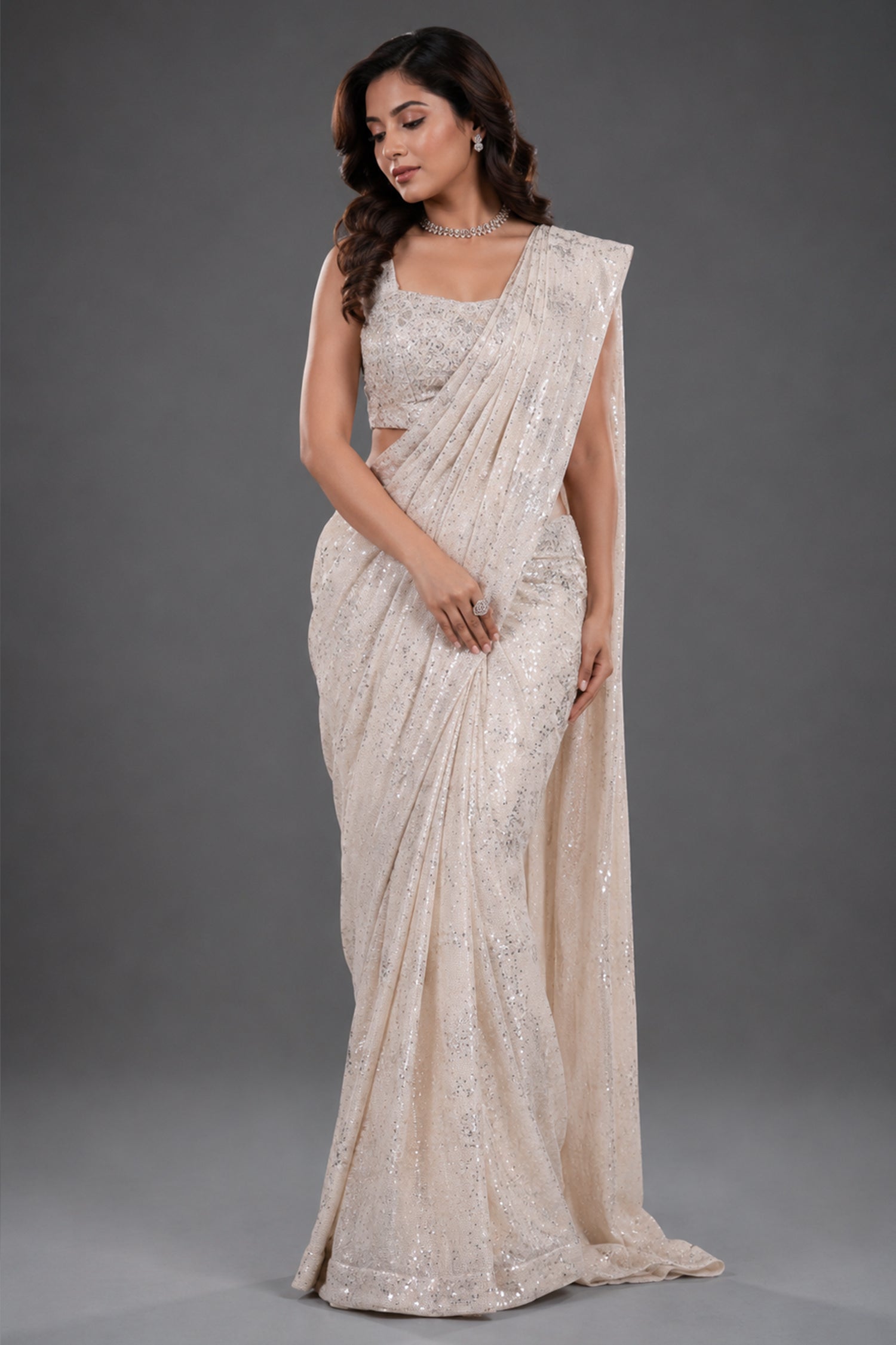 Pearl White Net Lycra Cocktail Saree with Glamorous Handcrafted Sequin Embellishments Readymade Blouse Main image