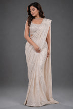 Pearl White Net Lycra Cocktail Saree with Glamorous Handcrafted Sequin Embellishments Readymade Blouse