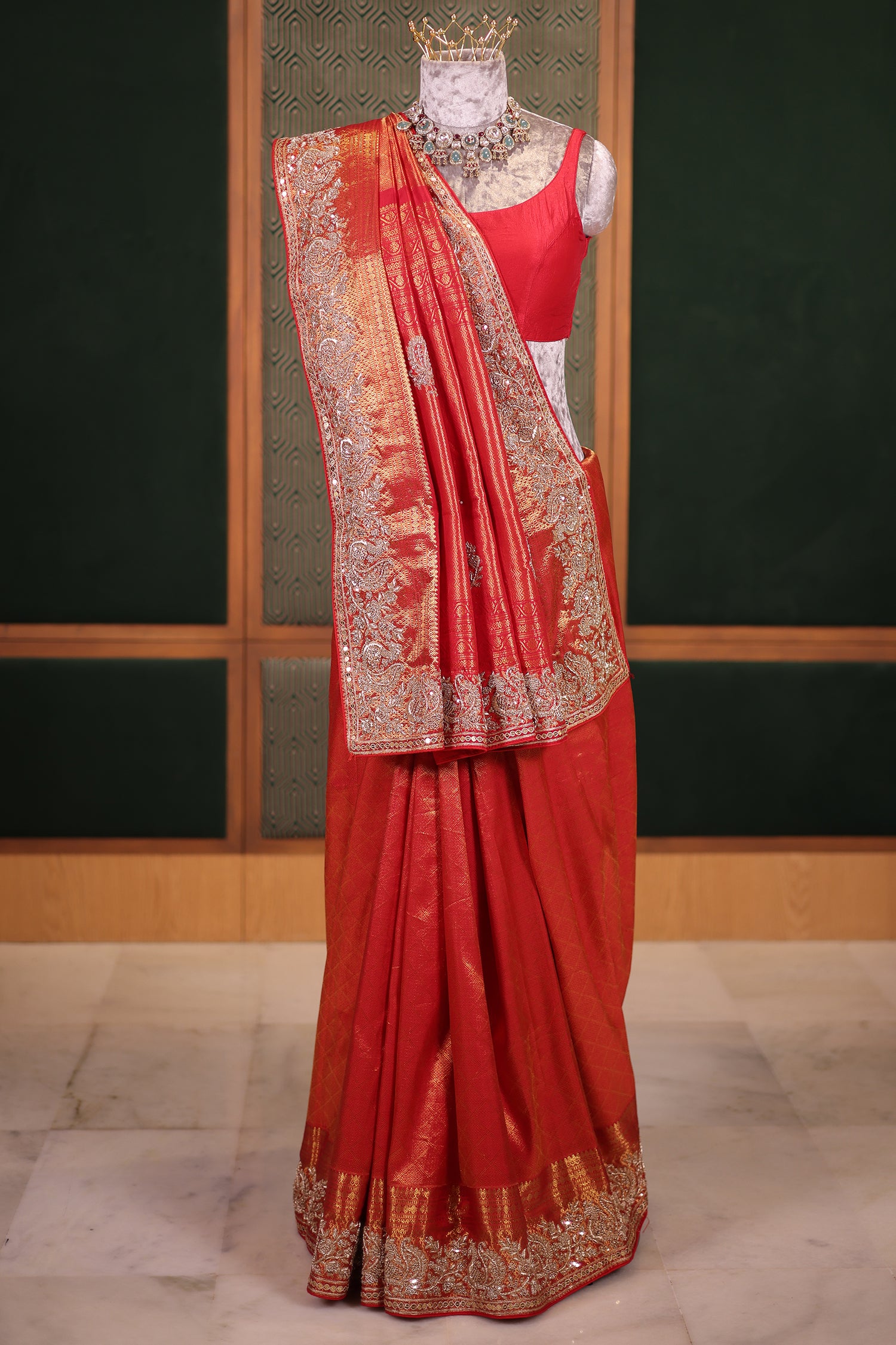 Bridal Red Metallic Kanchipuram Tissue Saree with Intricate Woven Zari and Handcrafted Zardosi and Sequin Embroidered Borders