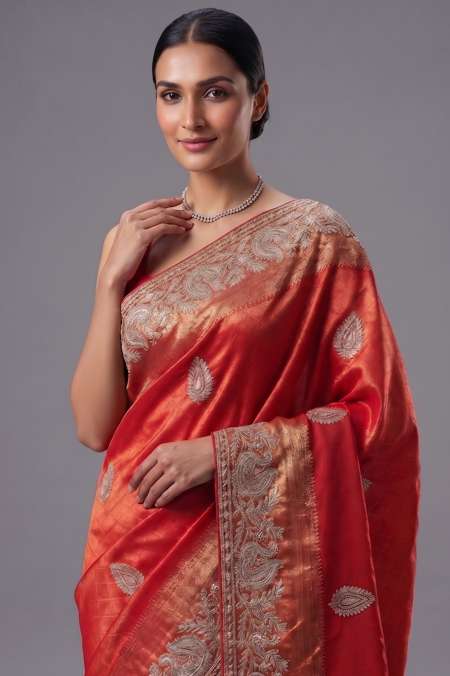 Bridal Red Metallic Kanchipuram Tissue Saree with Intricate Woven Zari and Handcrafted Zardosi and Sequin Embroidered Borders Secondary image