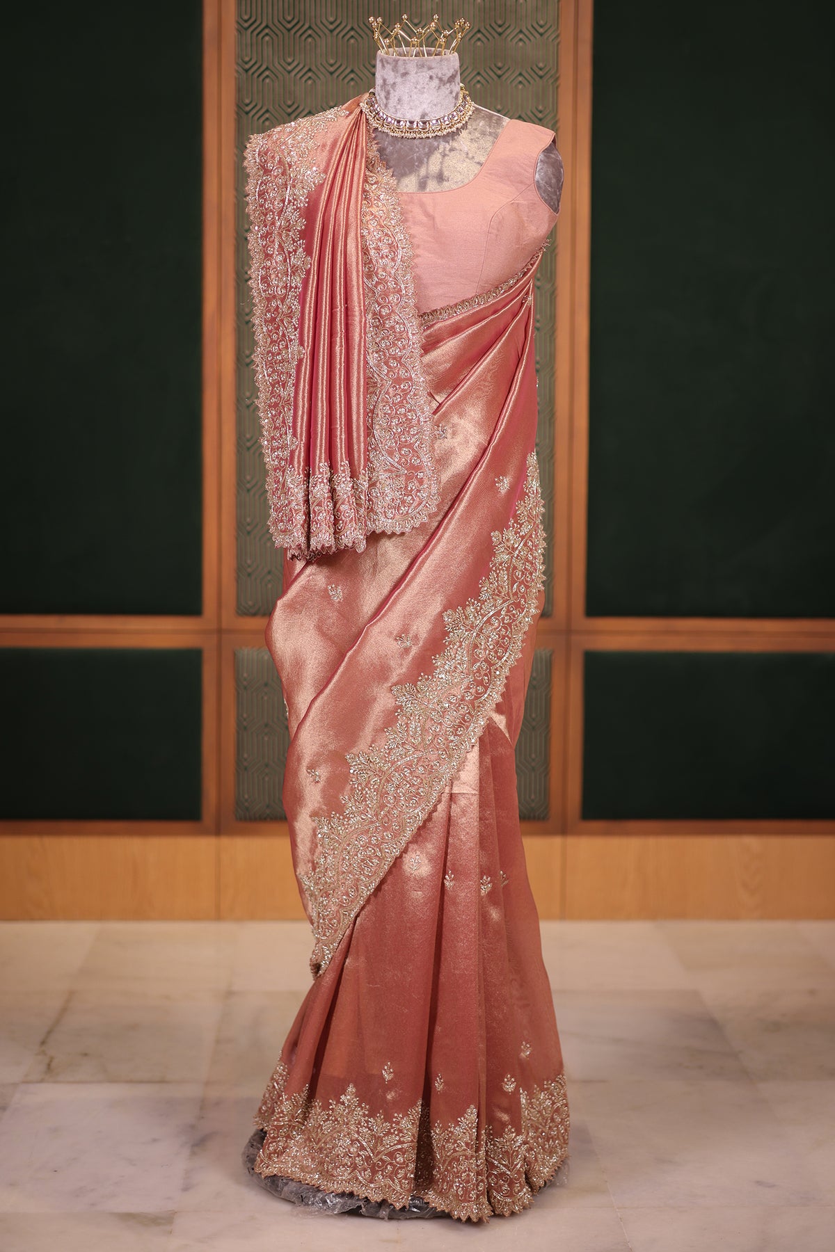 Dusty Rose Gold Tissue Silk Saree with Handcrafted Scalloped Zardosi Border and Intricate Beadwork