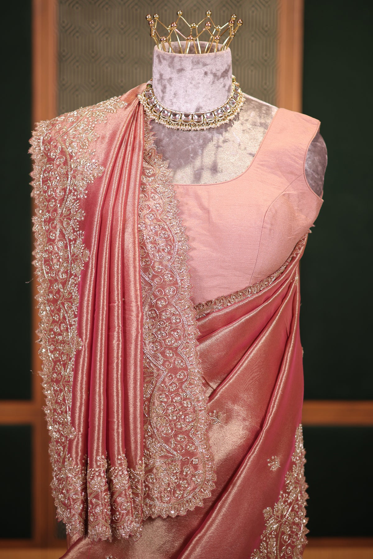 Dusty Rose Gold Tissue Silk Saree with Handcrafted Scalloped Zardosi Border and Intricate Beadwork