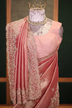 Dusty Rose Gold Tissue Silk Saree with Handcrafted Scalloped Zardosi Border and Intricate Beadwork