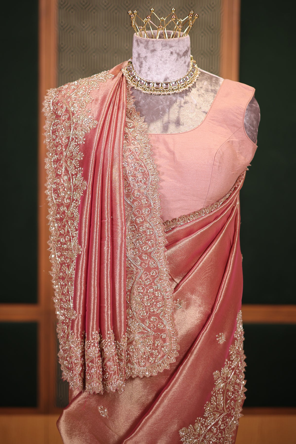 Dusty Rose Gold Tissue Silk Saree with Handcrafted Scalloped Zardosi Border and Intricate Beadwork
