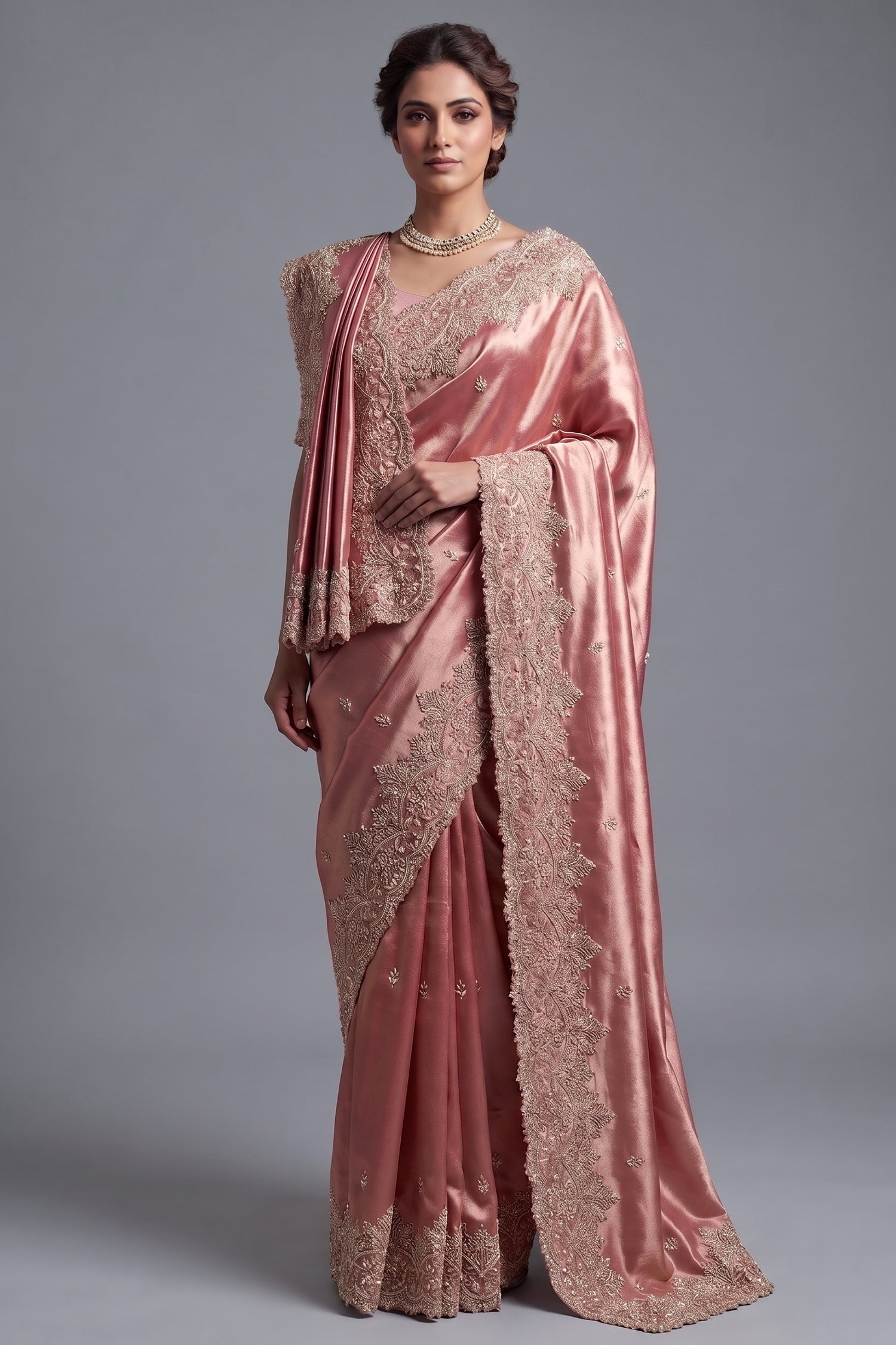 Dusty Rose Gold Tissue Silk Saree with Handcrafted Scalloped Zardosi Border and Intricate Beadwork Main image