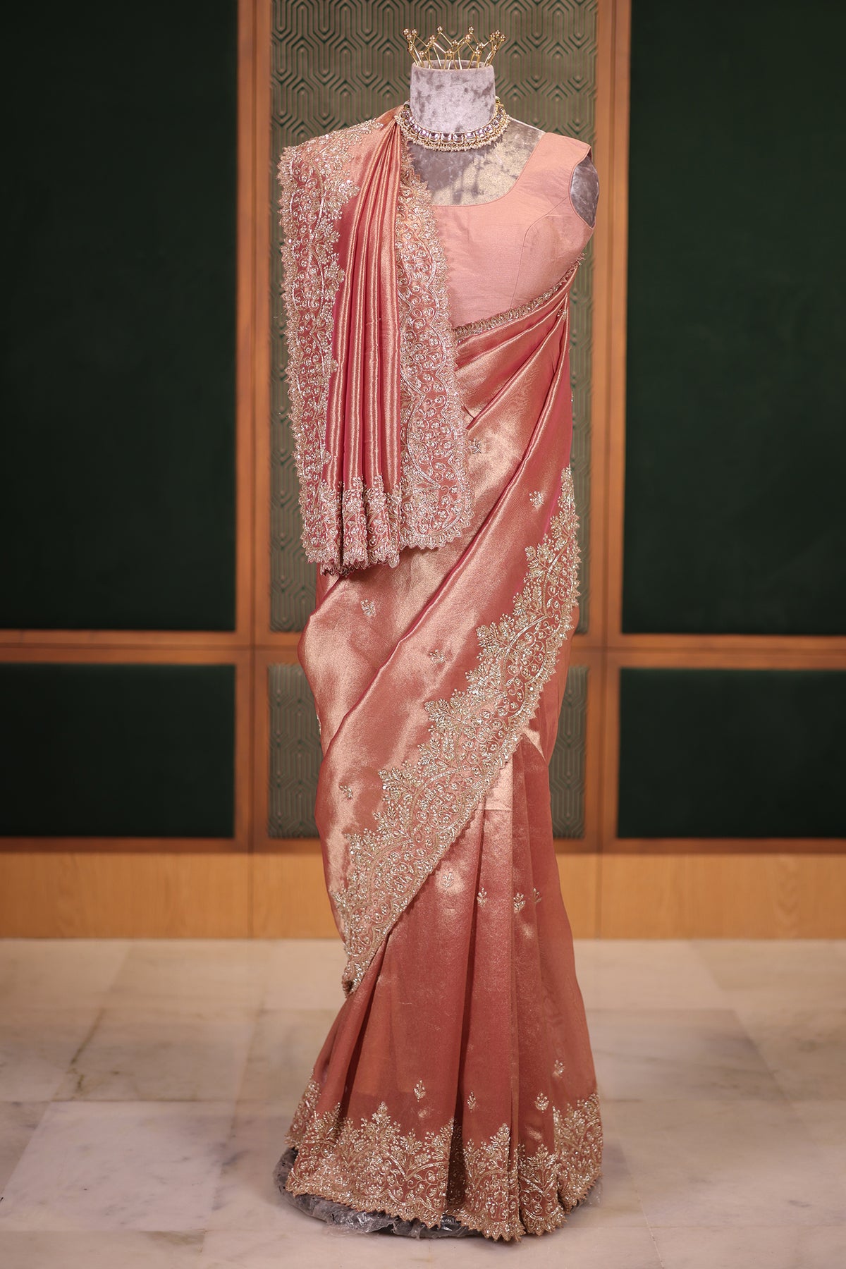 Dusty Rose Gold Tissue Silk Saree with Handcrafted Scalloped Zardosi Border and Intricate Beadwork