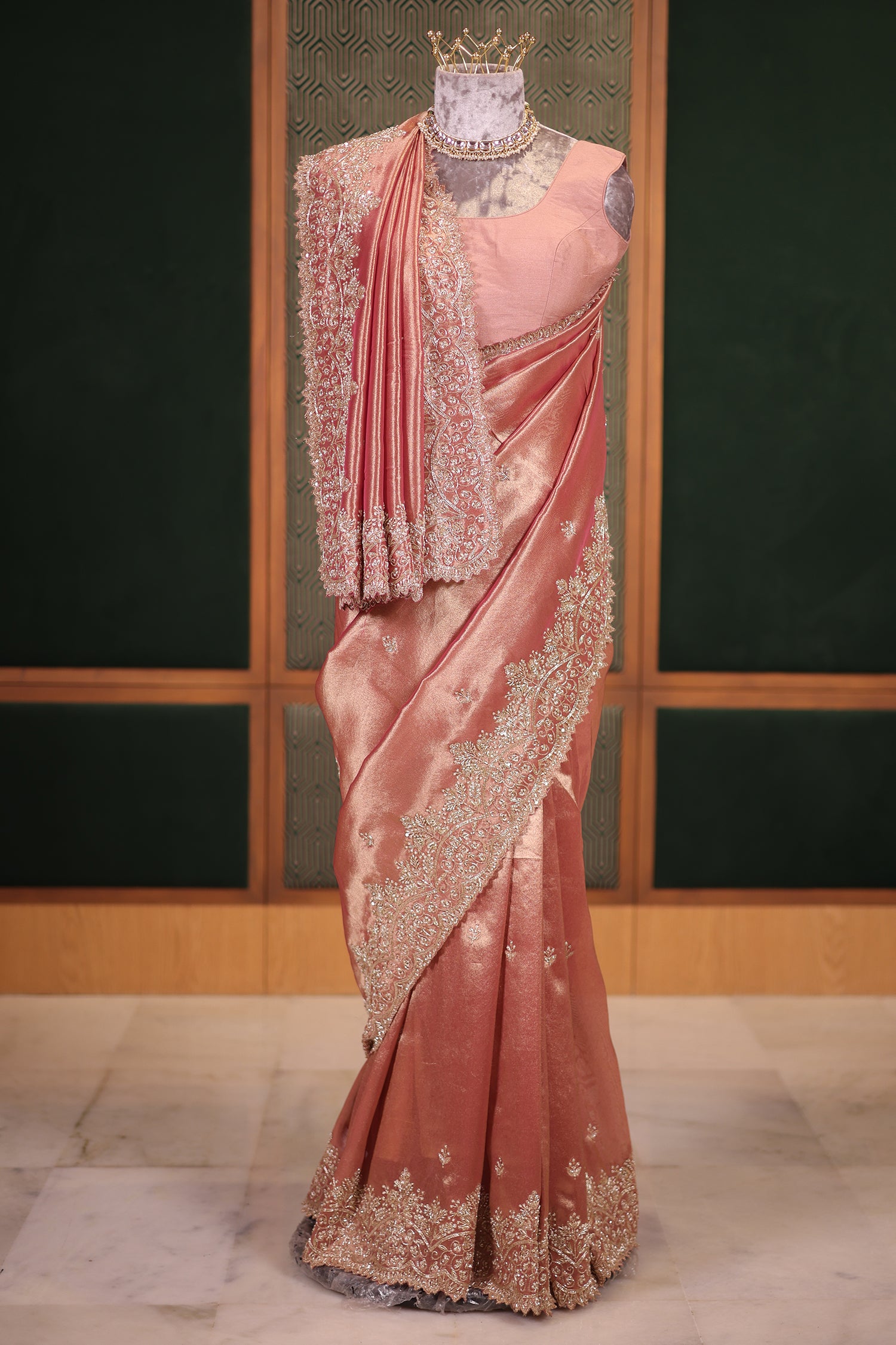 Dusty Rose Gold Tissue Silk Saree with Handcrafted Scalloped Zardosi Border and Intricate Beadwork