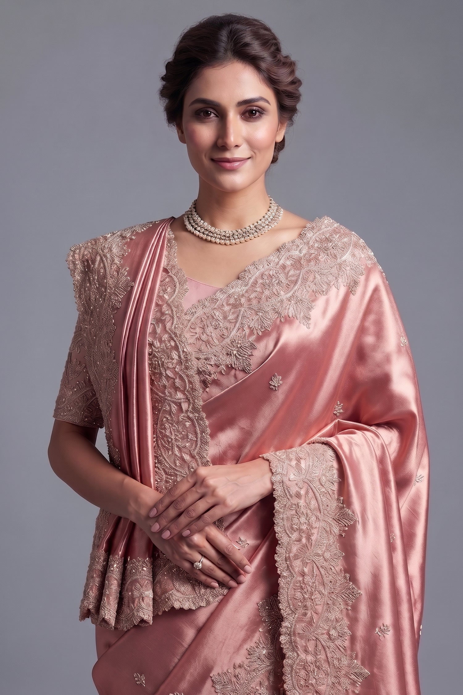 Dusty Rose Gold Tissue Silk Saree with Handcrafted Scalloped Zardosi Border and Intricate Beadwork Secondary image