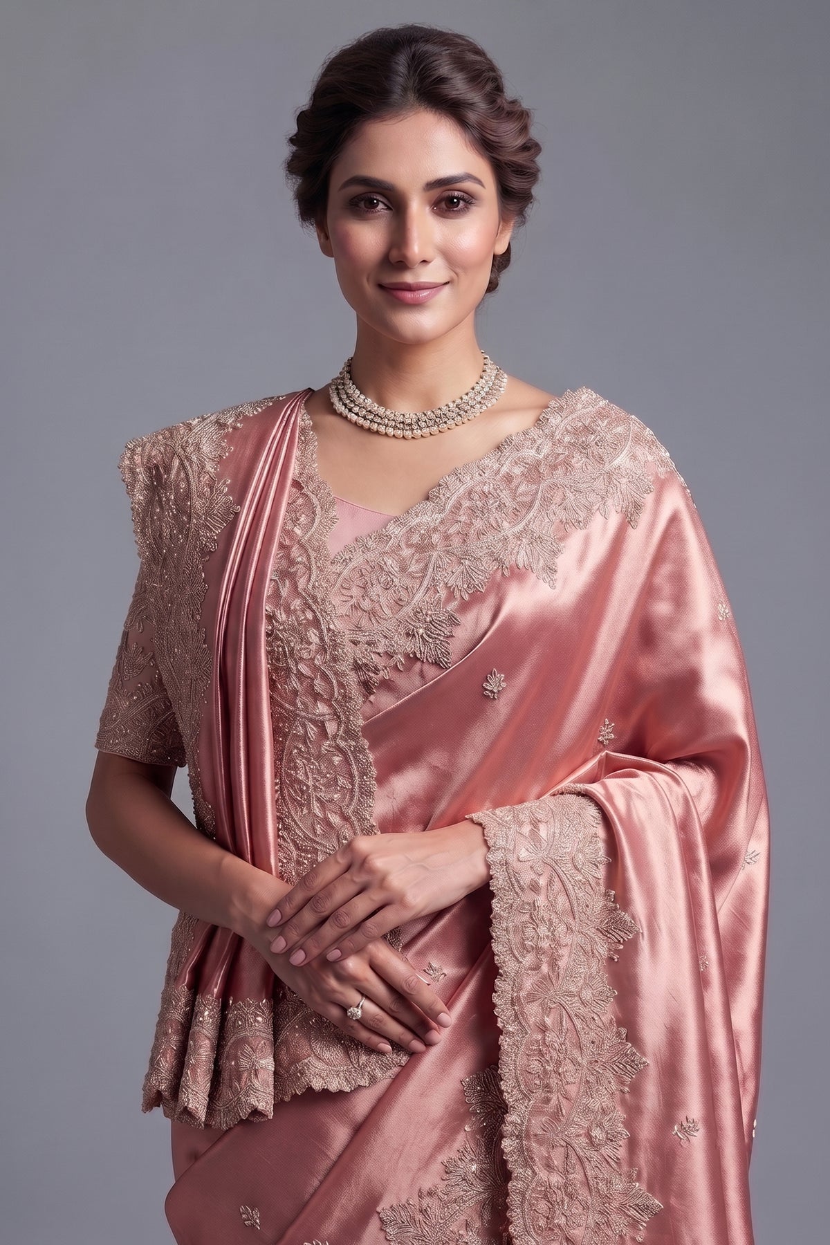 Dusty Rose Gold Tissue Silk Saree with Handcrafted Scalloped Zardosi Border and Intricate Beadwork