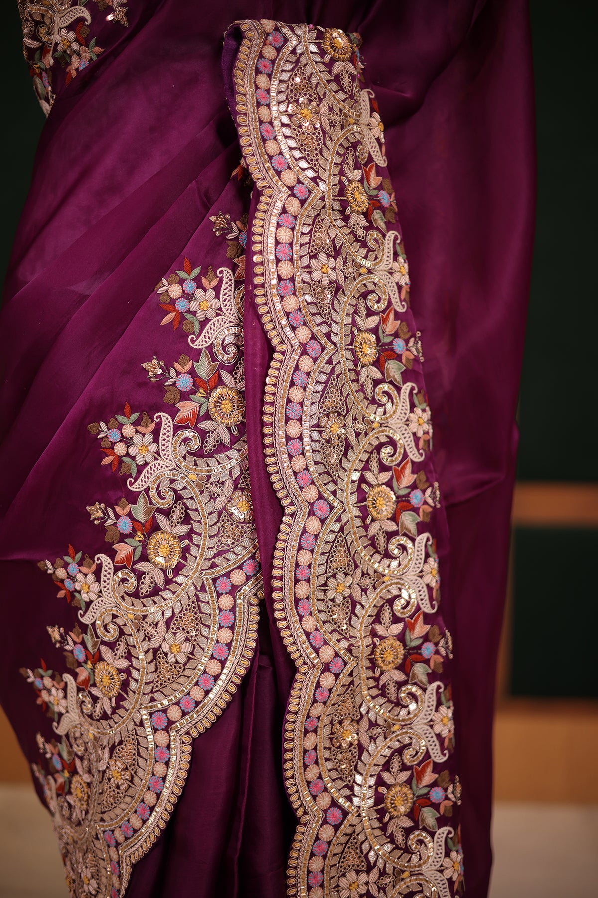 Dark Magenta Silk Organza Saree with Intricate Multi-Color Resham and Hand-Done Embroidery