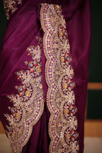Dark Magenta Silk Organza Saree with Intricate Multi-Color Resham and Hand-Done Embroidery