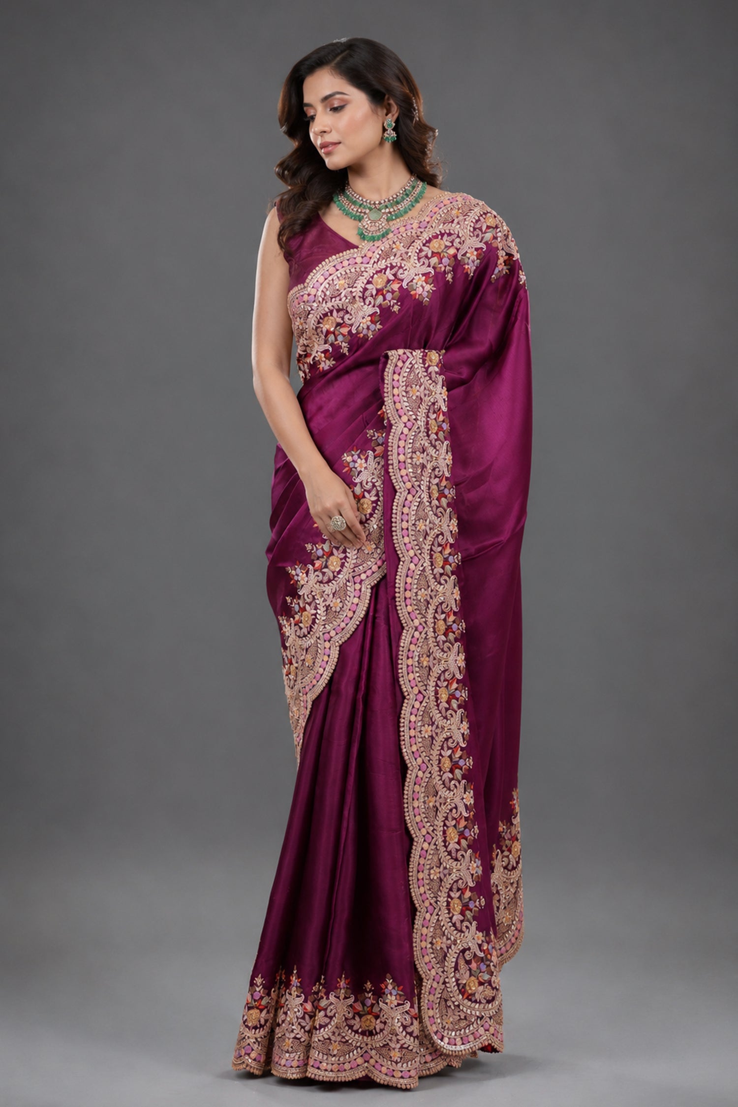 Dark Magenta Silk Organza Saree with Intricate Multi-Color Resham and Hand-Done Embroidery Main image